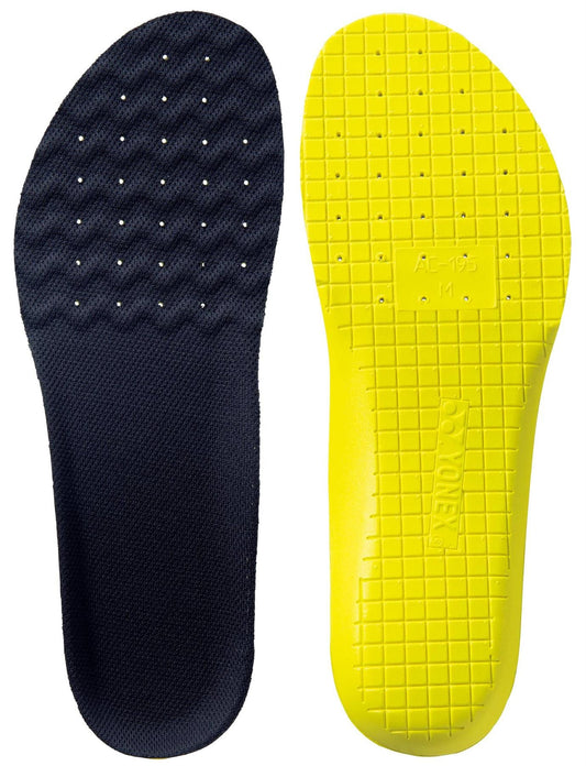 The Yonex AC195 Power Cushion+ Tennis Insoles feature a black textured surface with ventilation holes and a yellow grid-patterned underside, offering superior shock absorption based on Yonex’s advanced Power Cushion+ technology.