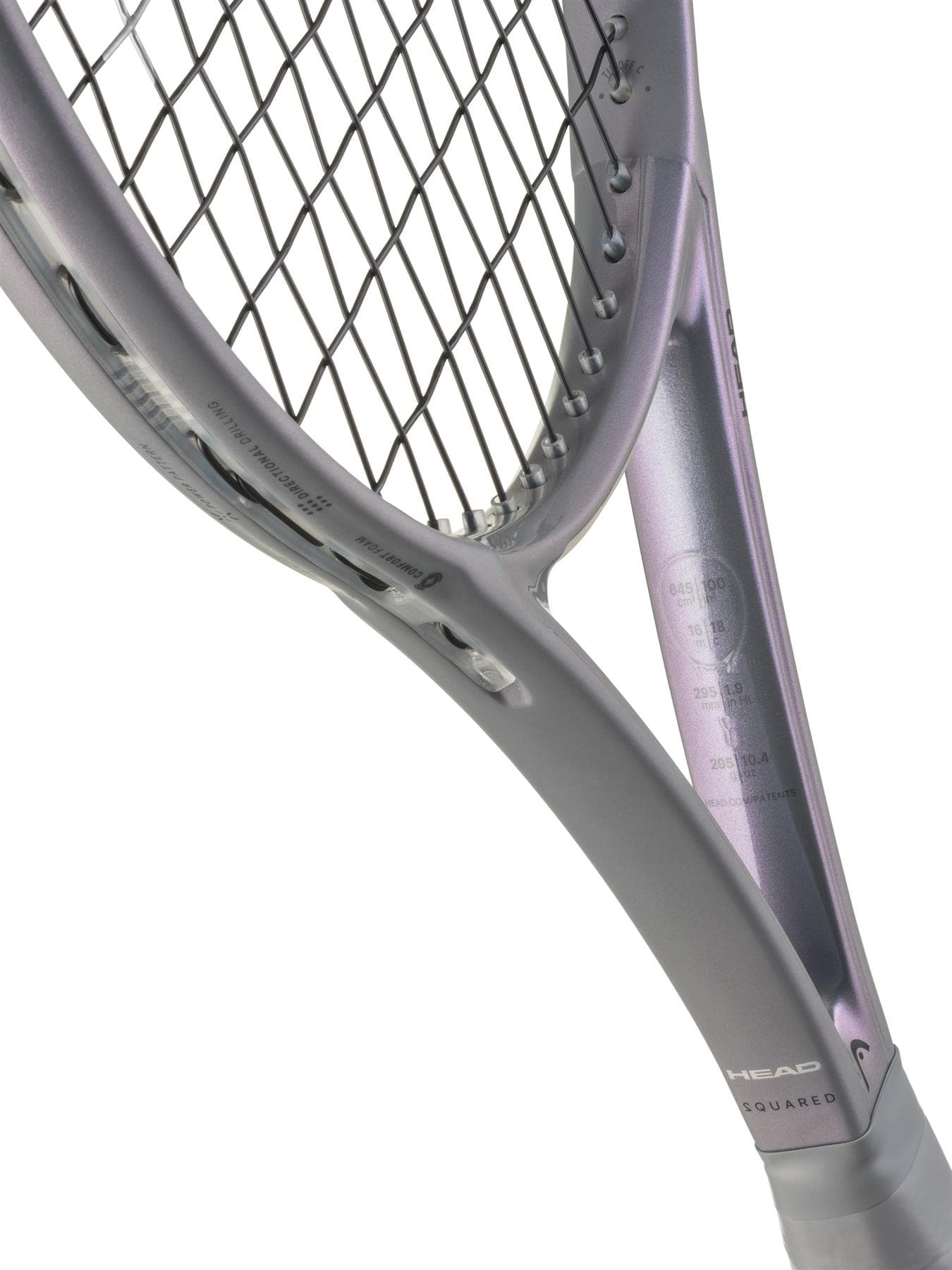 Close-up of the HEAD Squared Tennis Racket, highlighting its silver frame, strings, and part of the handle with visible HEAD branding and specifications inside the racket’s throat.