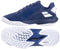 Babolat Jet Tere 2 Premium All Court Men's Tennis Shoes in dark blue feature white accents, a textured sole, and a breathable mesh upper for lightweight performance; shown from side and bottom views.