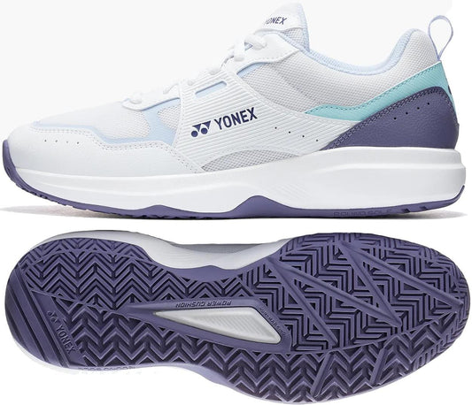 A pair of Yonex Pro-Move Classic Men's Tennis Shoes in White/Sax, shown from the side and bottom to highlight the design, sole tread pattern, and advanced Power Cushion technology.
