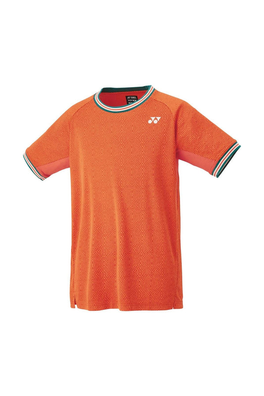 The Yonex 10560 Men's Tennis T-Shirt in bright orange features a textured design with a subtle logo on the chest. Enjoy VeryCool comfort and UV Reduction, as the collar and sleeve edges are stylishly highlighted with black, orange, and green stripes for a sleek athletic appearance.