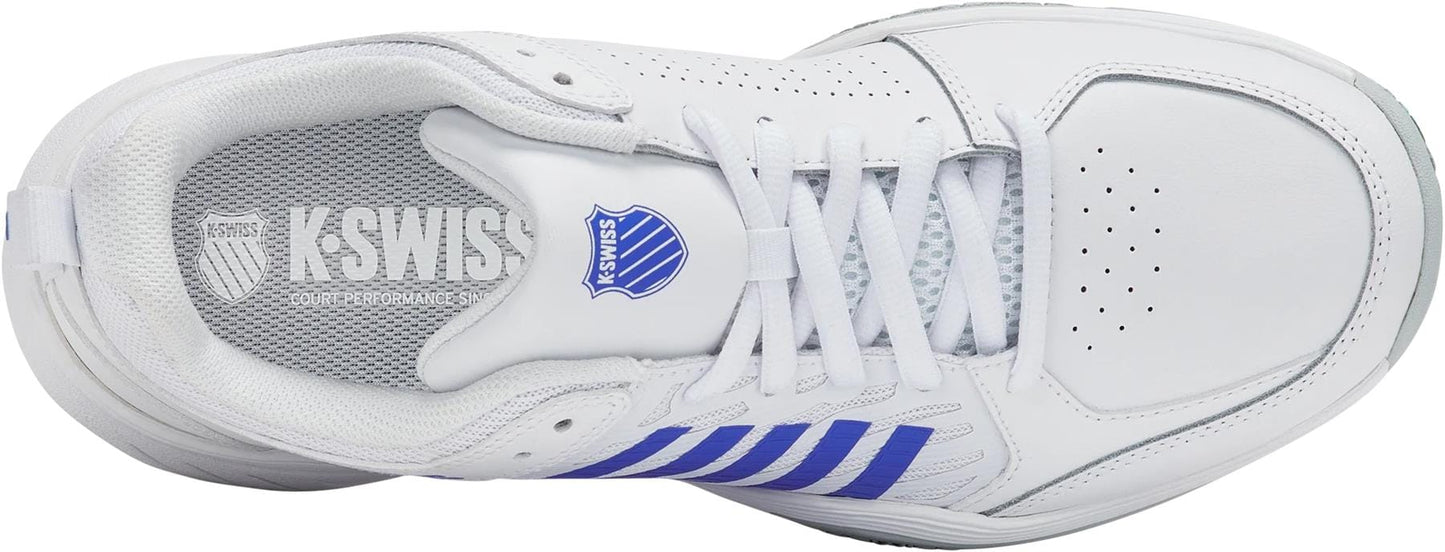 Top view of the K-Swiss Court Express 2 Men's Tennis Shoes in White/Dazzling Blue, featuring blue stripes, brand logos on the insole and tongue, white laces, and perforated toe detailing for style and comfort.