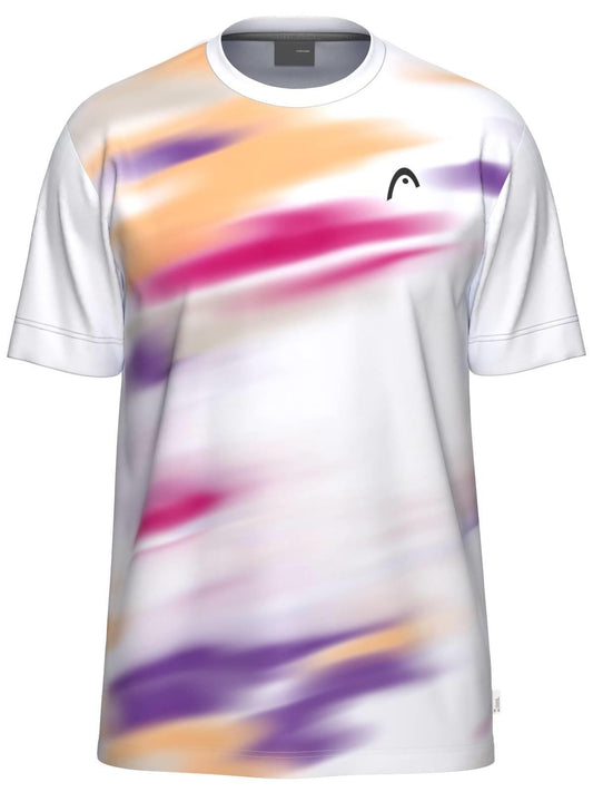 The HEAD Blur Mens Tennis T-Shirt - PUXU is a white, short-sleeve men’s tee with blurred purple, orange, and pink streaks and a small black arch logo. Made from breathable sportswear fabric for all-day comfort.