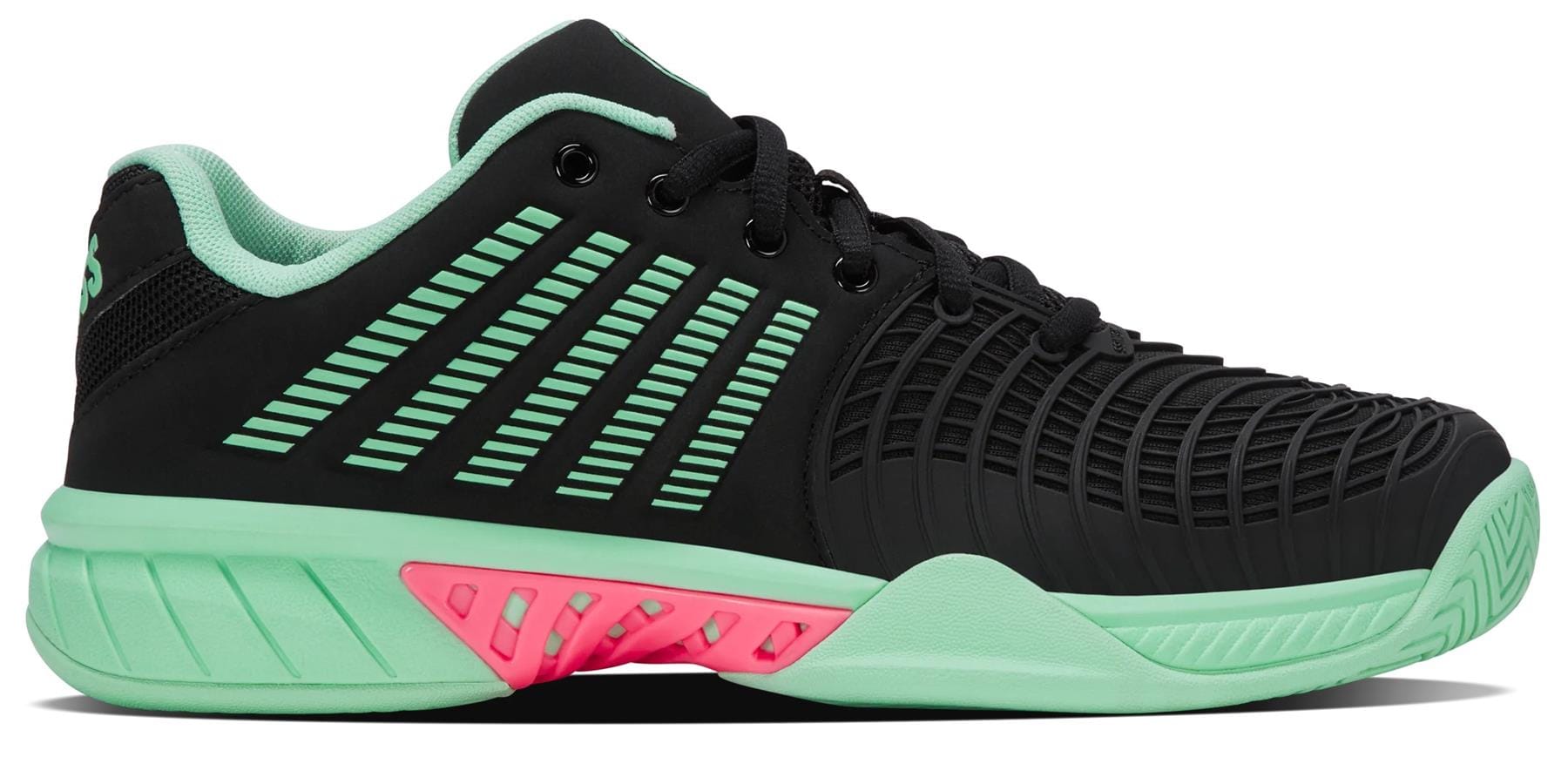 The K-Swiss Express Light 3 Women's Tennis Shoes in Black/Neon Mint/Pastel Pink feature lightweight comfort, mint green stripes and sole, pink arch detail, and black laces—ideal athletic footwear for the tennis court.