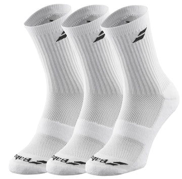 The Babolat Long 3 Pack Tennis Socks in white features three pairs, each with ribbed cuffs and a black Babolat logo design at the top. These socks are designed to provide comfort and support, featuring reinforced heels and toes for enhanced durability while ensuring breathability throughout.