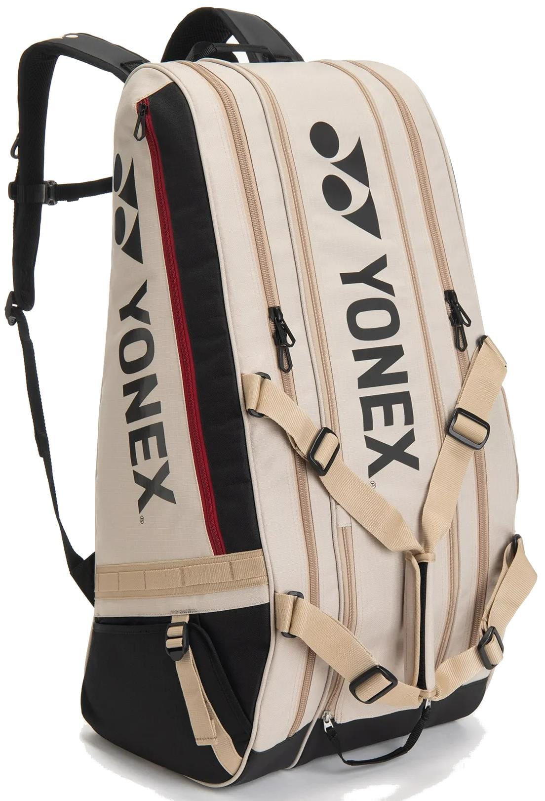 The Yonex BA72629EX Gearlogic 9 Racket Tennis Bag in beige features multiple compartments, black straps, tan buckles, and Yonex logos—perfect for carrying your tennis gear in style.