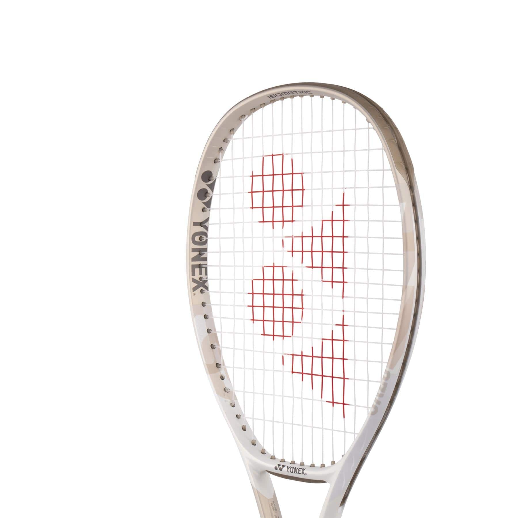 A sand beige Yonex VCORE Game tennis racket with ISOMETRIC™ design and red logo markings on the strings is displayed against a plain white background.