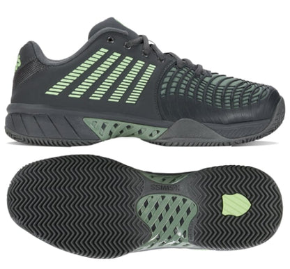Introducing the K-Swiss Express Light 3 HB Men's Tennis Shoes in Sea Spray, Urban Chic, and Soft Neon Green. These shoes are expertly crafted for superior on-court performance, featuring a dark gray design with vibrant lime green accents. The upper is adorned with distinctive striped green detailing, while the sole is specifically designed for optimal grip on clay court surfaces. The product showcases one shoe from the side profile and the other from a bottom view.