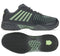 Introducing the K-Swiss Express Light 3 HB Men's Tennis Shoes in Sea Spray, Urban Chic, and Soft Neon Green. These shoes are expertly crafted for superior on-court performance, featuring a dark gray design with vibrant lime green accents. The upper is adorned with distinctive striped green detailing, while the sole is specifically designed for optimal grip on clay court surfaces. The product showcases one shoe from the side profile and the other from a bottom view.