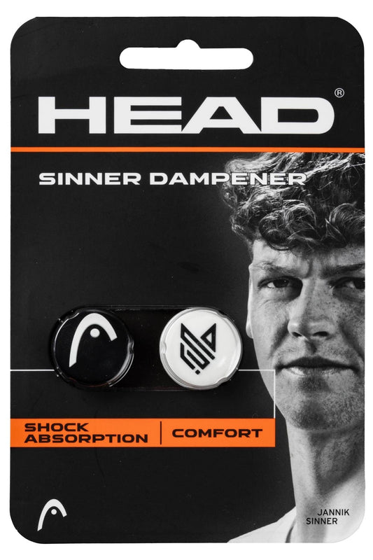 Retail package for HEAD Jannik Sinner Tennis Dampener by HEAD includes two dampeners (black & white) with a monochrome photo of Jannik Sinner. Ideal for HEAD Speed rackets, highlighting "Shock Absorption" and "Comfort.
