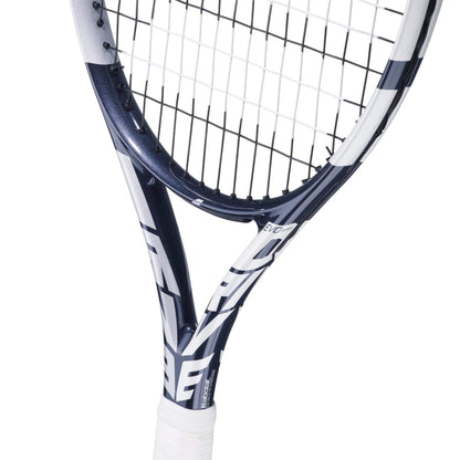 Close-up of the Babolat Evo Drive 115 Wimbledon Tennis Racket in blue, showcasing a stylish blue and white color palette. The emphasis is on its strings and sleek glossy frame, enhanced by a grip wrapped in pristine white tape.
