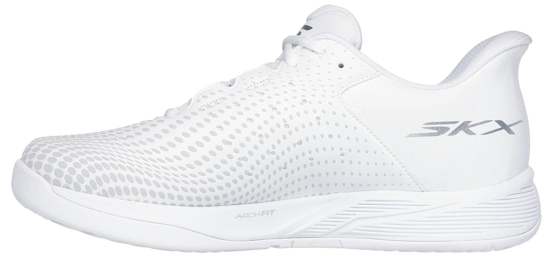 The Skechers Viper Court Reload Slip Ins Relaxed Fit Tennis Shoes in white feature a dotted pattern, lace-free design, "SKX" heel detail, Arch Fit midsole for support and style, and Goodyear Rubber for superior traction.