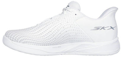 The Skechers Viper Court Reload Slip Ins Relaxed Fit Tennis Shoes in white feature a dotted pattern, lace-free design, "SKX" heel detail, Arch Fit midsole for support and style, and Goodyear Rubber for superior traction.