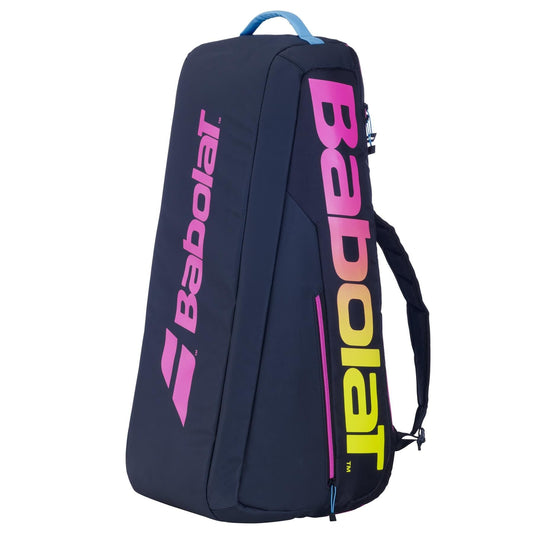The black Babolat RH Junior tennis racket bag showcases vibrant branding in purple and yellow. Designed with a sleek, structured layout and a convenient strap, it's ideal for junior players who want to transport their gear stylishly.