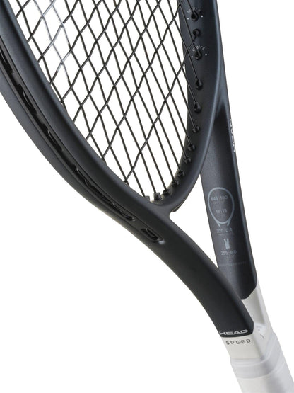 Close-up of the HEAD Speed Junior 2026 Tennis Racket with white grip, showcasing its string pattern and frame specs—an ideal kids’ tennis racket from HEAD for young players seeking performance and reliability.
