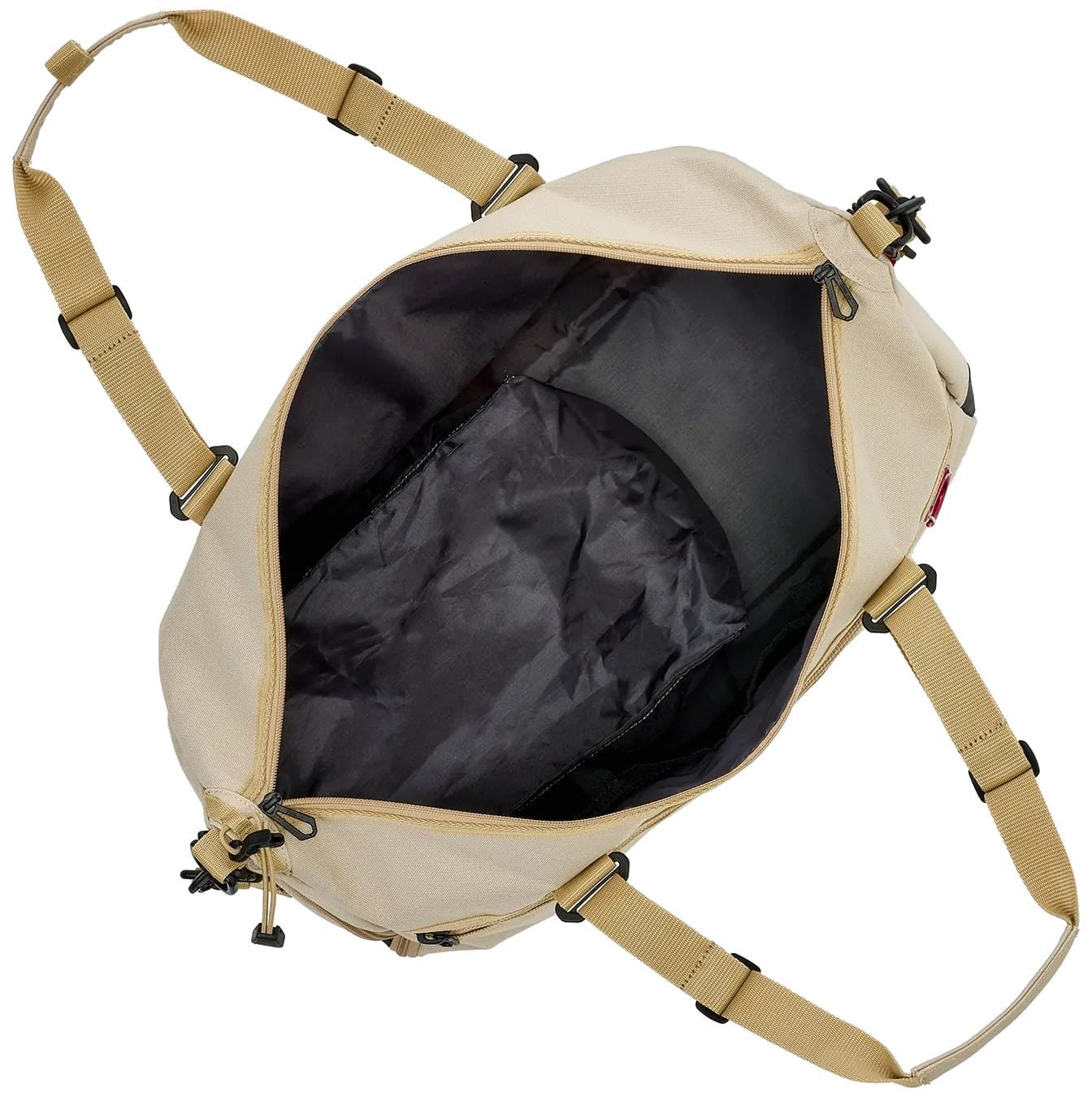 The Yonex BA72611EX Gearlogic Tennis Boston Bag in beige, made from recycled polyester, features a black lining and yellow adjustable straps. Shown from above with the main compartment open and empty.