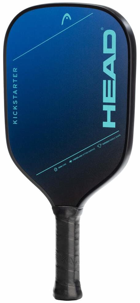The HEAD Kickstarter Blue Pickleball Paddle is an entry-level paddle featuring a blue and black design, rectangular shape, black handle grip, and branded geometric graphics on the face.
