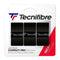 Tecnifibre's Contact Pro Tennis Overgrip - 3 Pack in Black boasts a thickness of 0.6 mm and exceptional stability. The packaging emphasizes features like "Wax Resin," "Strong Tackiness," and "Long Lasting" with an improved tacky effect, and includes three overgrips with red accents on the package design.