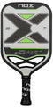 The NOX NOV Pro Shield Pickleball Paddle in black and green features a large "X" design, textured Spin Technology carbon fiber face, “Pro Series” and “Pro Shield” labeling, plus a black grip with NOX branding.