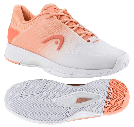 The HEAD Revolt Pro 4.5 Women's Tennis Shoes in Coral/White feature a gradient design. The left shoe shows an angled view, while the right displays the durable zigzag-patterned sole for stability. The brand's logo and "HEAD" name are clearly visible on both the sole and side of the shoes.