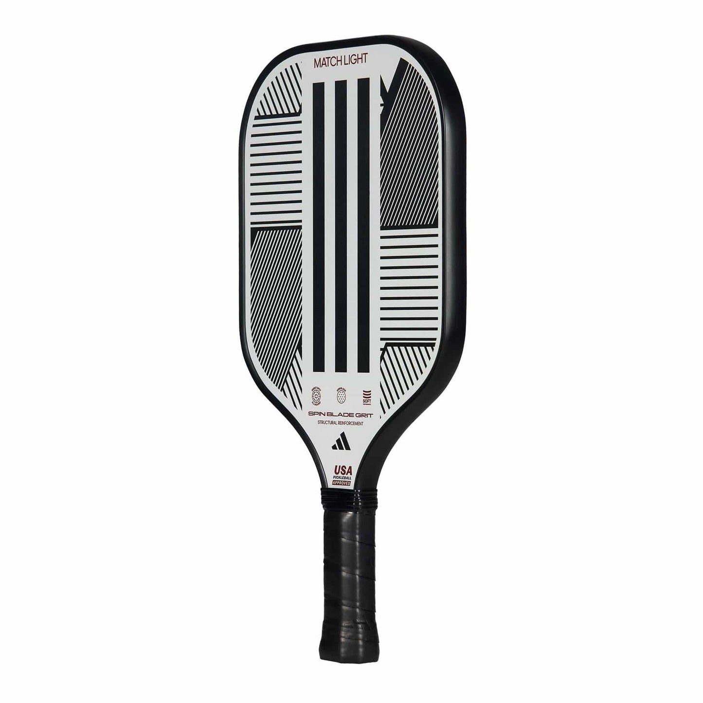 The adidas Match Light 3.3 Pickleball Paddle - White features a black and white geometric design, Spin Blade Grit surface, black handle, "MATCH LIGHT" at the top, brand logos, USA Pickleball approval—ideal for beginners.