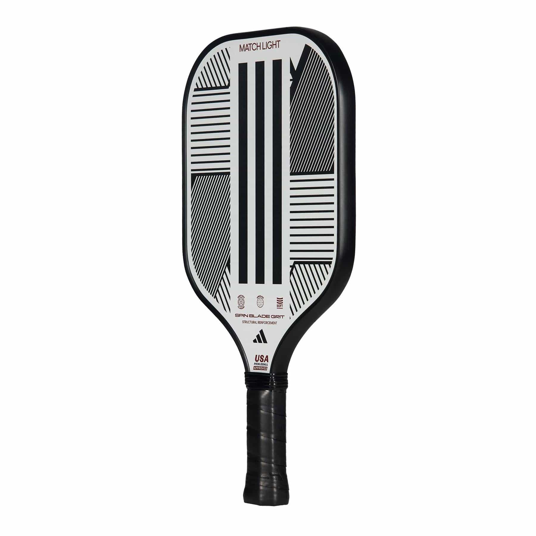 The adidas Match Light 3.3 Pickleball Paddle - White features a black and white geometric design, Spin Blade Grit surface, black handle, "MATCH LIGHT" at the top, brand logos, USA Pickleball approval—ideal for beginners.