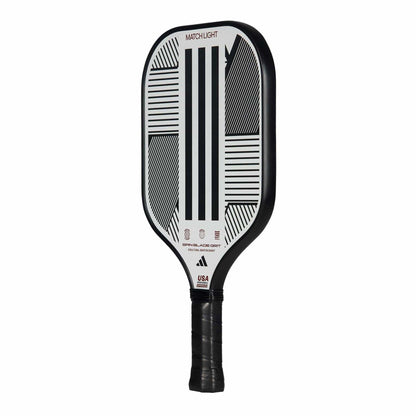 The adidas Match Light 3.3 Pickleball Paddle - White features a black and white geometric design, Spin Blade Grit surface, black handle, "MATCH LIGHT" at the top, brand logos, USA Pickleball approval—ideal for beginners.