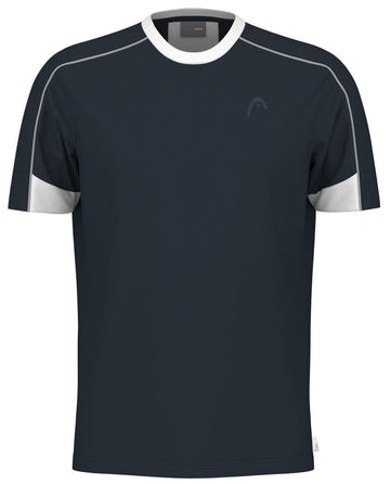 The HEAD Play Tech Men's Tennis T-Shirt in navy features breathable mesh inserts for comfort, subtle piping on the shoulders, and a small logo on the front, with white accents on the sleeves and collar.