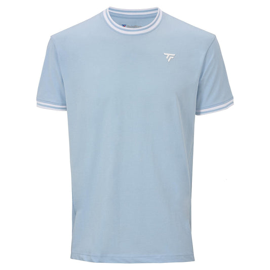 The Tecnifibre Team Stretch Men's Tennis T-Shirt in Glacier Blue features a simple design with white trim and a small chest logo, crafted from soft organic cotton for all-day comfort.