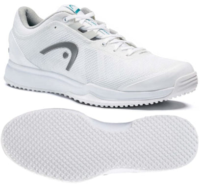 The HEAD Sprint Pro 3.0 Men's Grass Court Tennis Shoes, in a stylish white and gray color scheme, are perfect for tennis enthusiasts. Designed with a sleek appearance and subtle gray logo, they incorporate Hybrasion+ Technology to provide superior grip on grass courts. The shoe comes with an image displaying the top view on one side and its textured sole on the other.