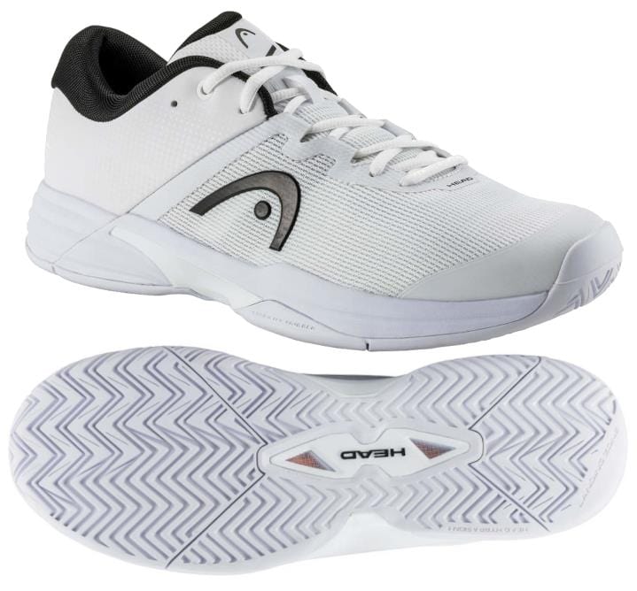 The HEAD Revolt Evo 2.0 Men's Wide Fit Tennis Shoes in White and Black boast a breathable mesh upper, accented in black, with a textured sole featuring a zigzag tread pattern for enhanced grip. These tennis shoes are branded with the HEAD logo on the side, combining style and performance for an excellent court experience.