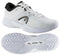 The HEAD Revolt Evo 2.0 Men's Wide Fit Tennis Shoes in White and Black boast a breathable mesh upper, accented in black, with a textured sole featuring a zigzag tread pattern for enhanced grip. These tennis shoes are branded with the HEAD logo on the side, combining style and performance for an excellent court experience.