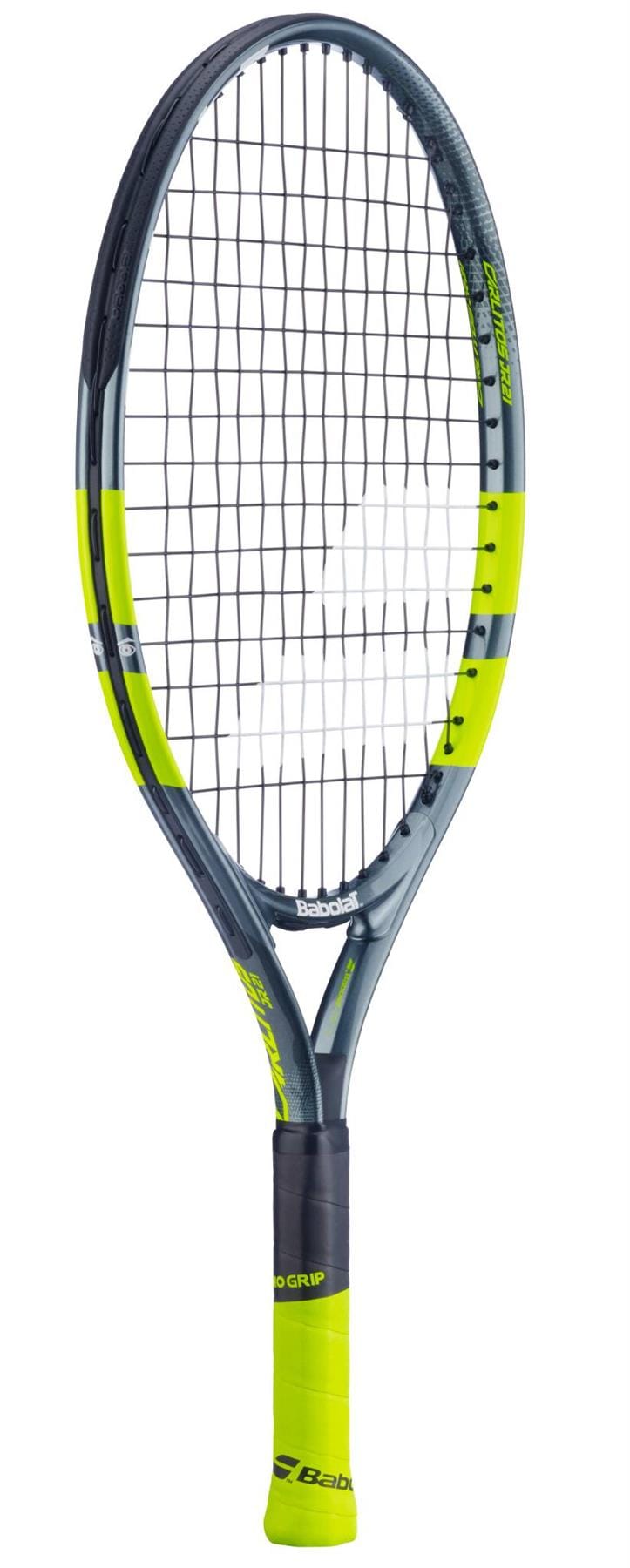 The Babolat Carlitos Junior 21 Tennis Racket features a black and neon yellow frame, black strings, and neon yellow grip—ideal for young players seeking a modern junior racket.