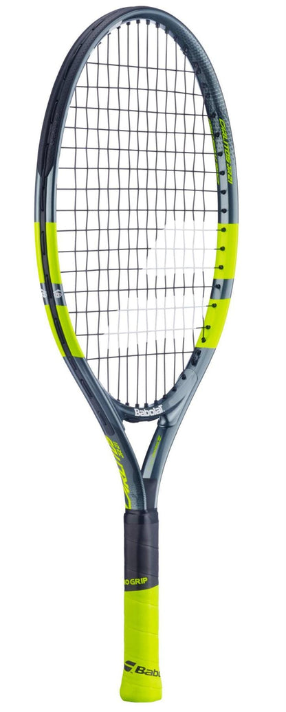 The Babolat Carlitos Junior 21 Tennis Racket features a black and neon yellow frame, black strings, and neon yellow grip—ideal for young players seeking a modern junior racket.