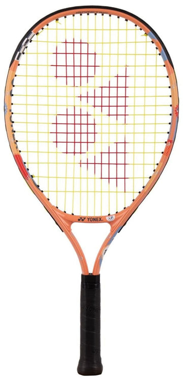 The Yonex Junior 21 Coral Orange Tennis Racket features a black handle, yellow strings, and a red Yonex logo on the head—perfect as a kids tennis racket for young players starting out.