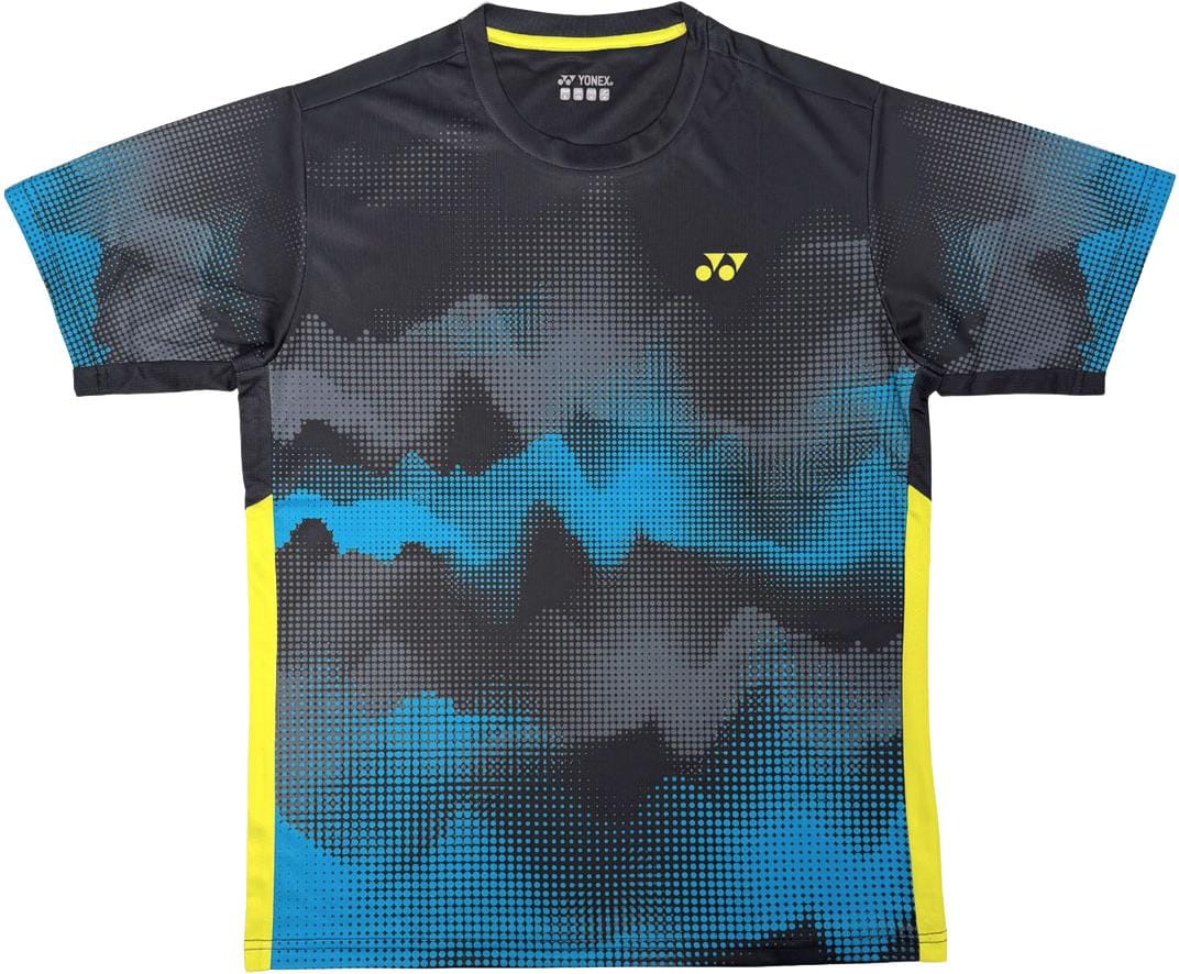 The Yonex YTL2025B Womens Tennis T-Shirt in black features a geometric pattern with yellow side panels and a yellow Yonex logo. Crafted from breathable sports fabric, it offers top on-court performance.