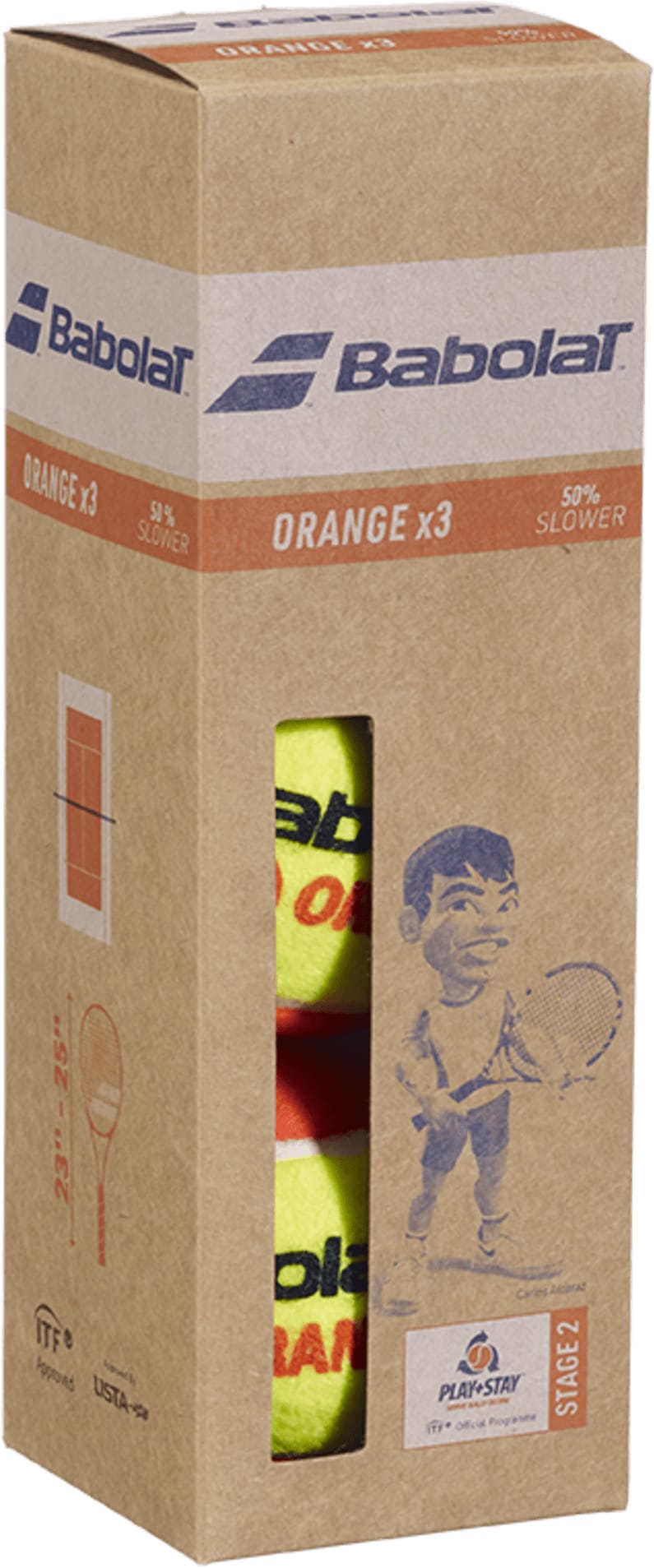 A tube of Babolat Initiation Stage 2 Tennis Balls - Orange (3 Ball Tube) by Babolat is shown, with its packaging displaying blue and orange text, a cartoon tennis player, and markings that indicate "Stage 2", "50% slower", and "Orange x3". These Stage 2 tennis balls are perfect as kids' tennis balls for young players or as training tennis balls during practice sessions.