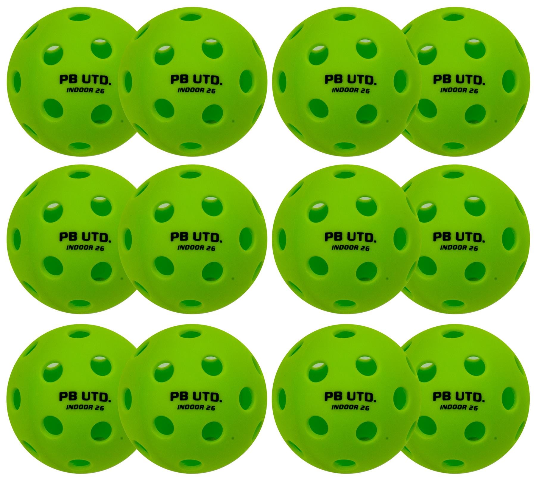Twelve Pickleball United Freedom 26 Indoor Pickleball Balls in green, made of durable TPU with evenly spaced holes and “PB UTD. INDOOR 26” in black, are neatly arranged in a grid pattern.