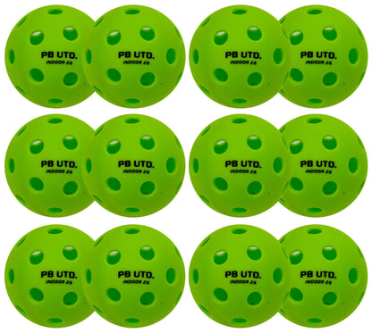 Twelve Pickleball United Freedom 26 Indoor Pickleball Balls in green, made of durable TPU with evenly spaced holes and “PB UTD. INDOOR 26” in black, are neatly arranged in a grid pattern.