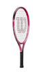 The Wilson Burn Pink 21 Junior Tennis Racket by Wilson is a lightweight racket crafted for young players. It showcases a vibrant pink and black design, complete with a prominent "W" logo on the strings, and its handle is wrapped in black grip tape to provide balanced control.