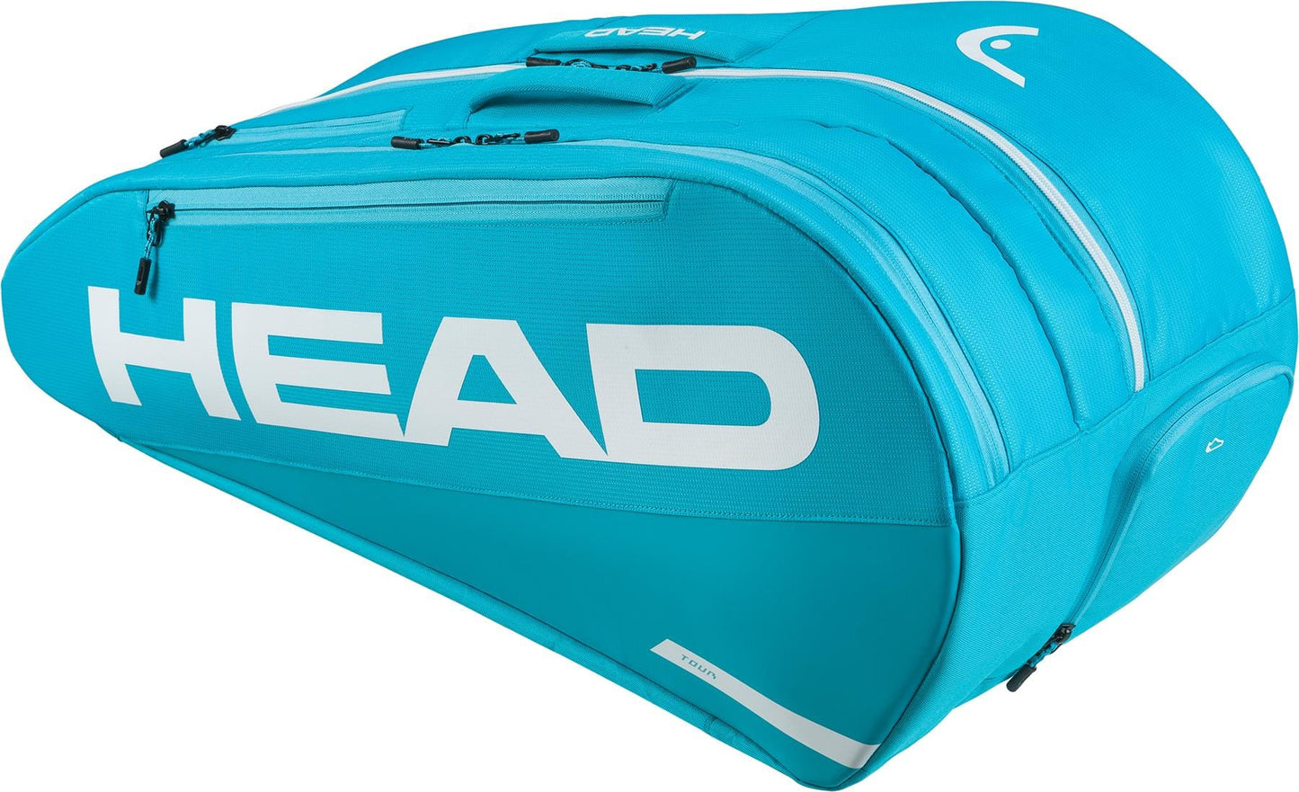The HEAD Tour 9 Racket Tennis Bag L - Blue features a spacious design, multiple compartments, white zippers, a bold HEAD logo, an aerodynamic shape, and CCT+ climate control technology to protect your gear.