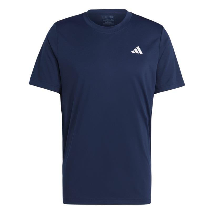 The ADIDAS Men's Club Tennis T-Shirt in navy from adidas features a small white logo on the left chest. This AEROREADY shirt offers short sleeves and boasts a simple, classic design ideal for tennis enthusiasts.