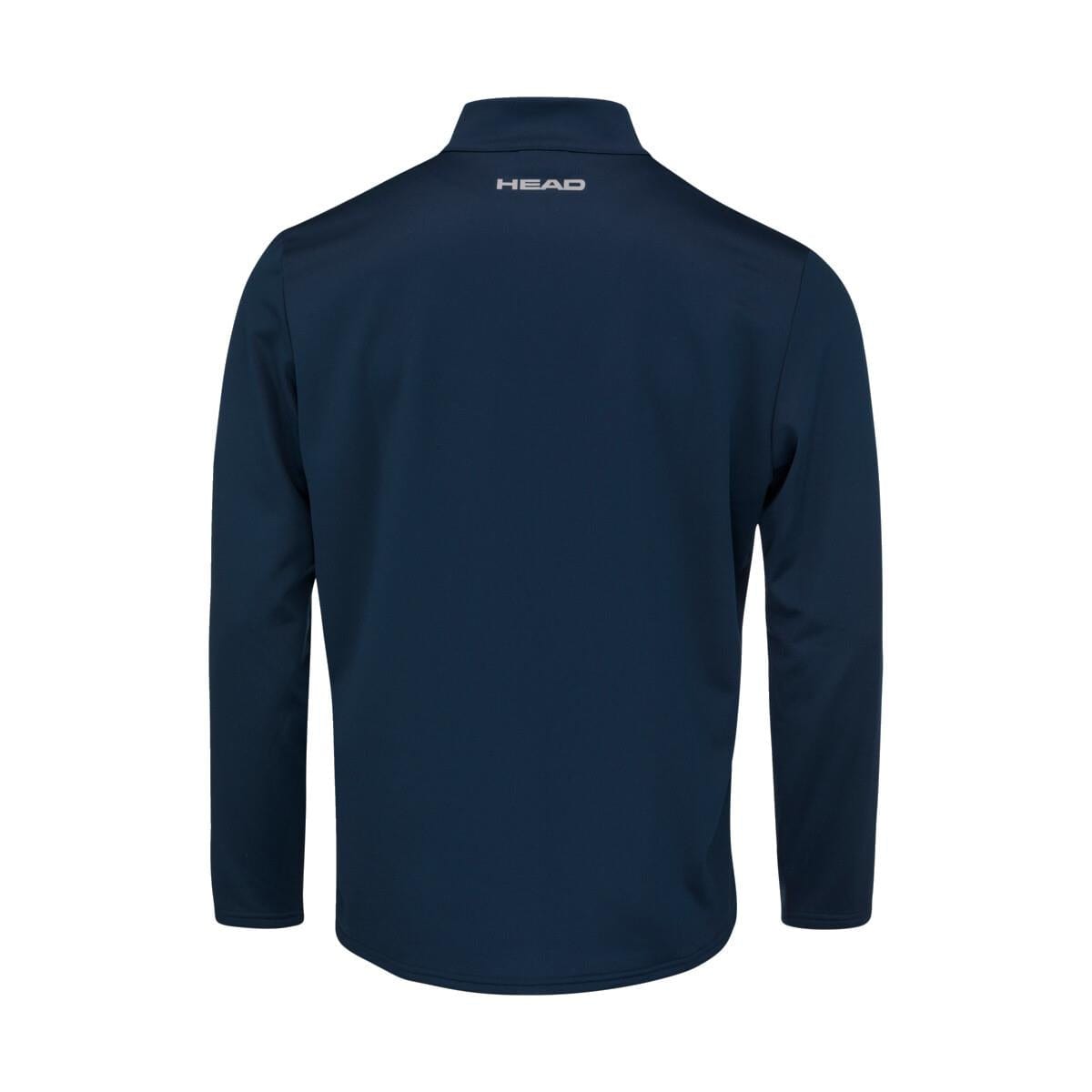 Introducing the HEAD Club Mens Easy Court Tracksuit in Dark Blue: This long-sleeve jacket features a stand-up collar and the "HEAD" logo subtly printed in small white letters on the upper back. Made from moisture-wicking microfiber, it perfectly captures the essence of simplicity and performance that HEAD Sportswear is known for in its tennis tracksuit design.