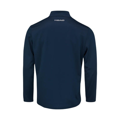 Introducing the HEAD Club Mens Easy Court Tracksuit in Dark Blue: This long-sleeve jacket features a stand-up collar and the "HEAD" logo subtly printed in small white letters on the upper back. Made from moisture-wicking microfiber, it perfectly captures the essence of simplicity and performance that HEAD Sportswear is known for in its tennis tracksuit design.