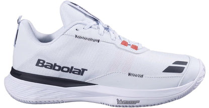 The Babolat SFX EVO All Court Men's Tennis Shoes in Illusion Blue and Black feature the Babolat logo, a breathable mesh upper, and a textured rubber sole for enhanced on-court footwork.