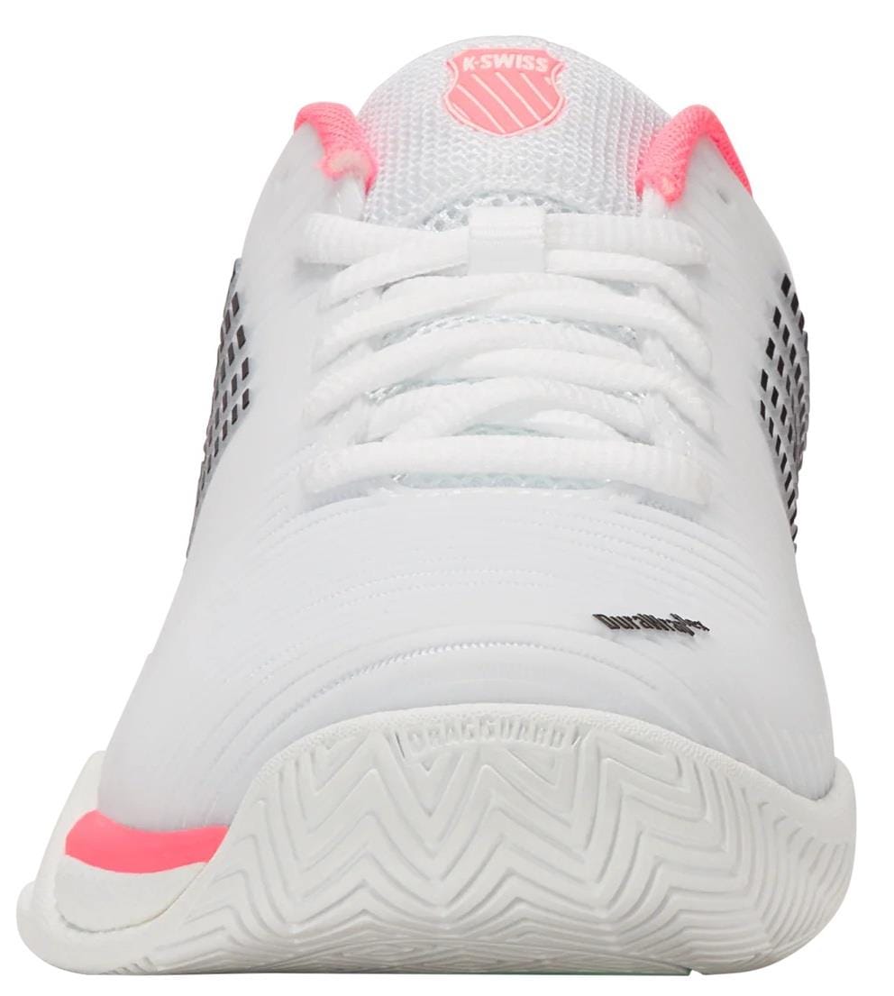 Front view of the K-Swiss Hypercourt Express 2 Women’s Tennis Shoes in white with pastel pink and black accents, featuring mesh details, white laces, a textured sole, and visible K-Swiss branding on the tongue.