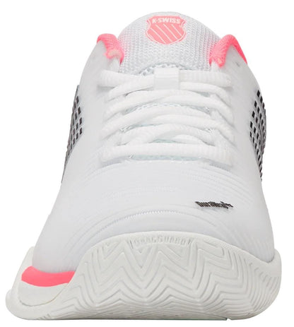 Front view of the K-Swiss Hypercourt Express 2 Women’s Tennis Shoes in white with pastel pink and black accents, featuring mesh details, white laces, a textured sole, and visible K-Swiss branding on the tongue.