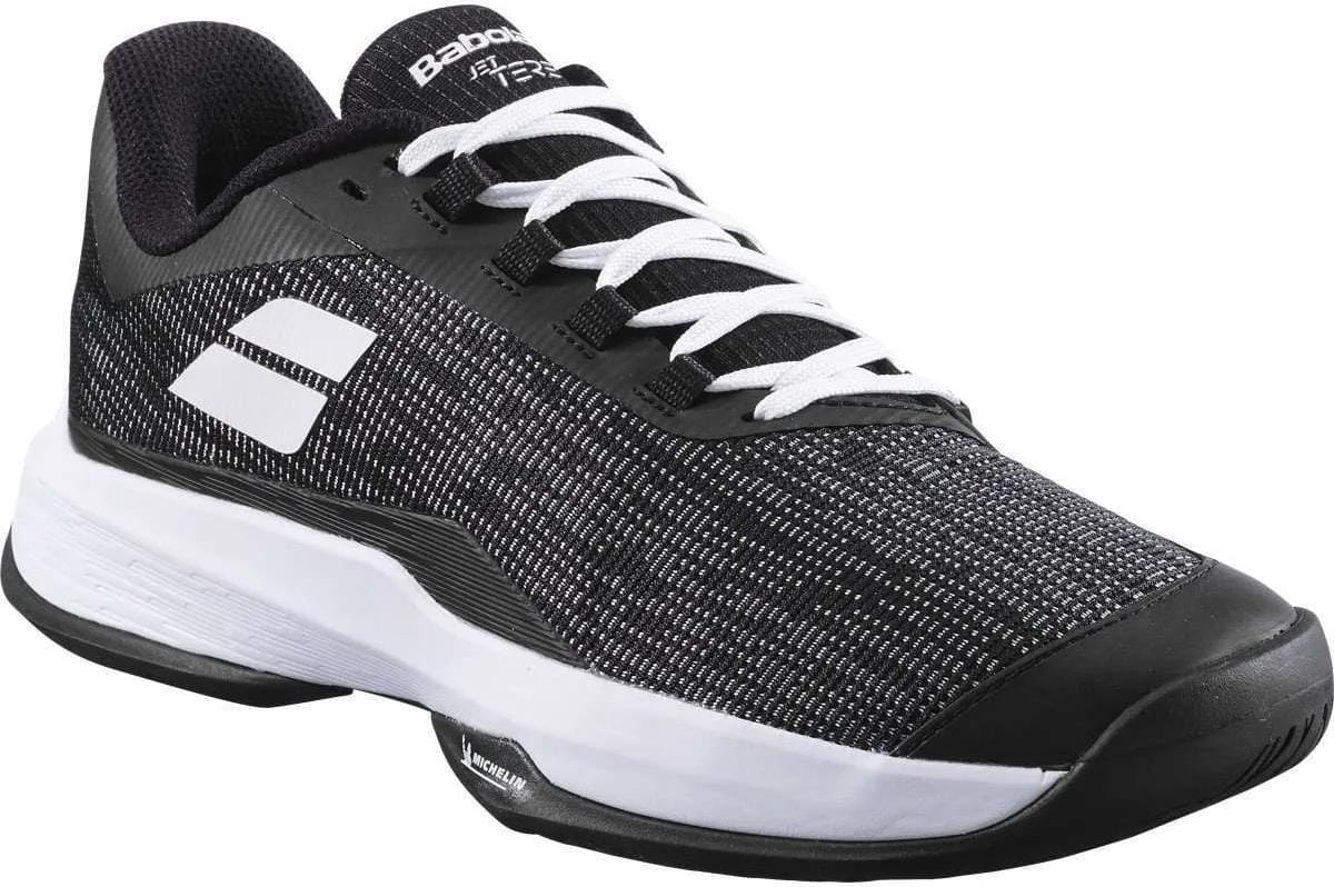 The Babolat Jet Tere 2 All Court Men's Tennis Shoes in Black/White are ultra-lightweight with a textured, breathable mesh upper, white laces, thick white midsole, black outsole, and a white side logo—designed for peak sports performance.