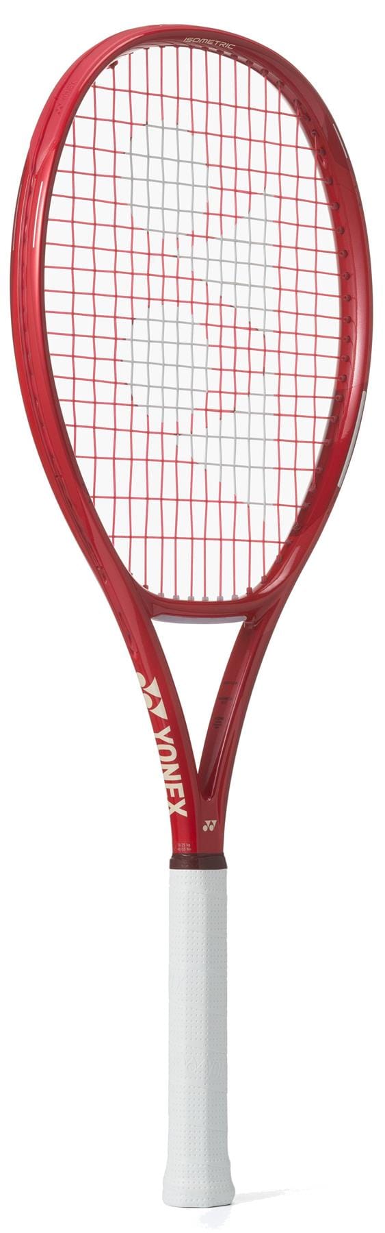 The Yonex VCORE Alpha Ruby Red 2026 Tennis Racket, featuring ISOMETRIC technology, white strings and grip, and the Yonex logo on the throat, is shown against a plain white background.