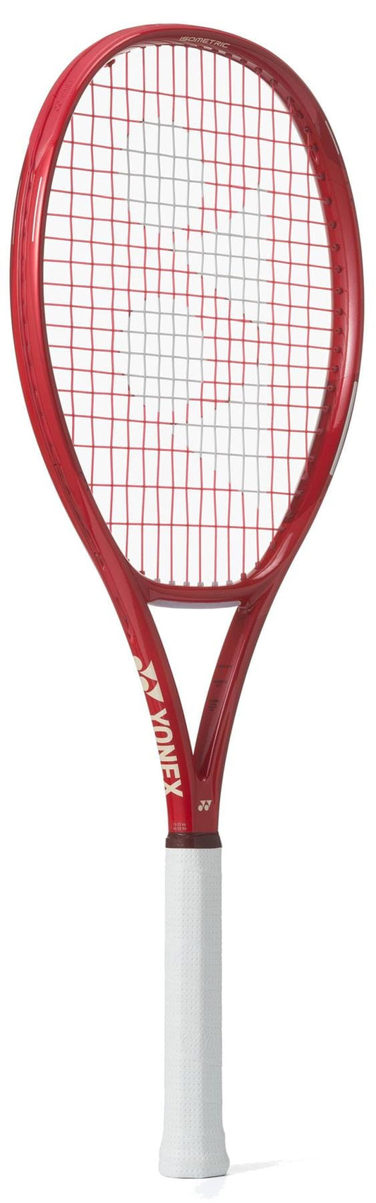 The Yonex VCORE Alpha Ruby Red 2026 Tennis Racket, featuring ISOMETRIC technology, white strings and grip, and the Yonex logo on the throat, is shown against a plain white background.